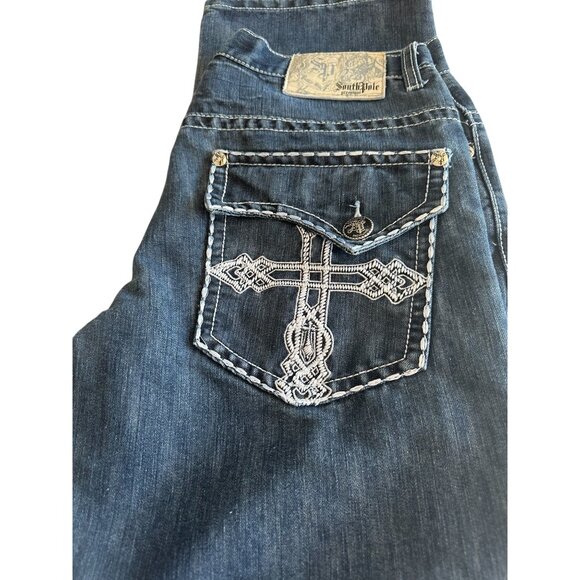 Southpole Premium Mens Embroidered Denim Jeans With Cross Stitching Dark Wash